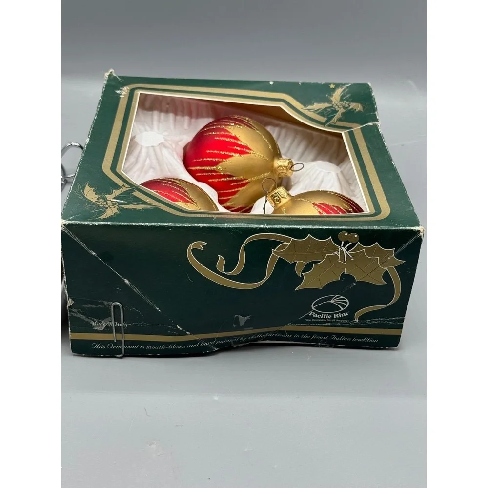 Vtg Red Gold Glitter Glass Christmas‎ Ball Ornament mid century regency set of 3